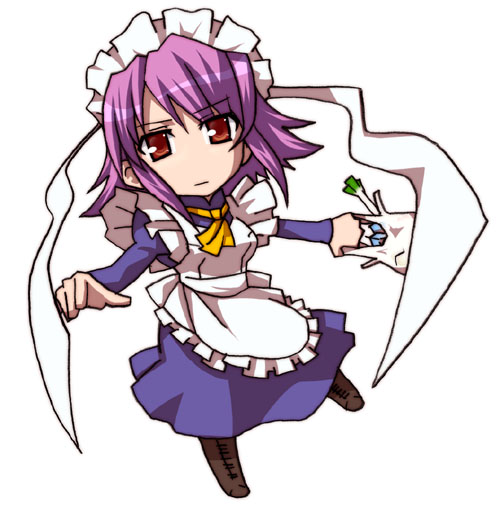 hida naria, nalia, wilhelmina carmel, shakugan no shana, 00s, 1girl, chibi, female focus, maid, purple hair, red eyes, shopping, short hair, solo, spring onion