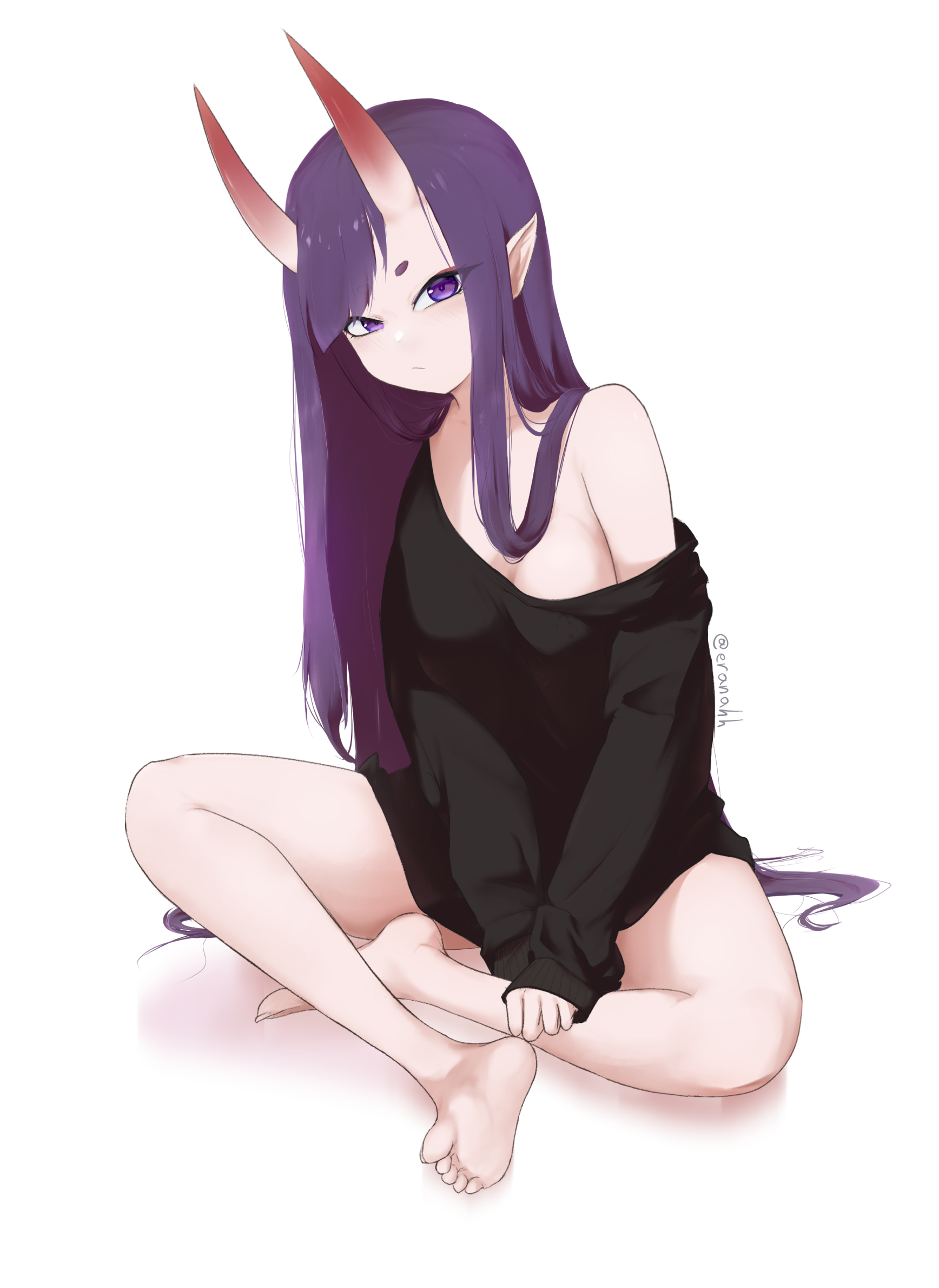 eranahh, shuten douji (fate), fate/grand order, fate (series), clip studio paint (medium), commentary, highres, 1girl, alternate hair length, alternate hairstyle, barefoot, breasts, diagonal bangs, full body, indian style, long hair, off shoulder, pointy ears, purple eyes, purple hair, short eyebrows, sitting, sleeves past fingers, sleeves past wrists, small breasts, solo, twitter username, very long hair