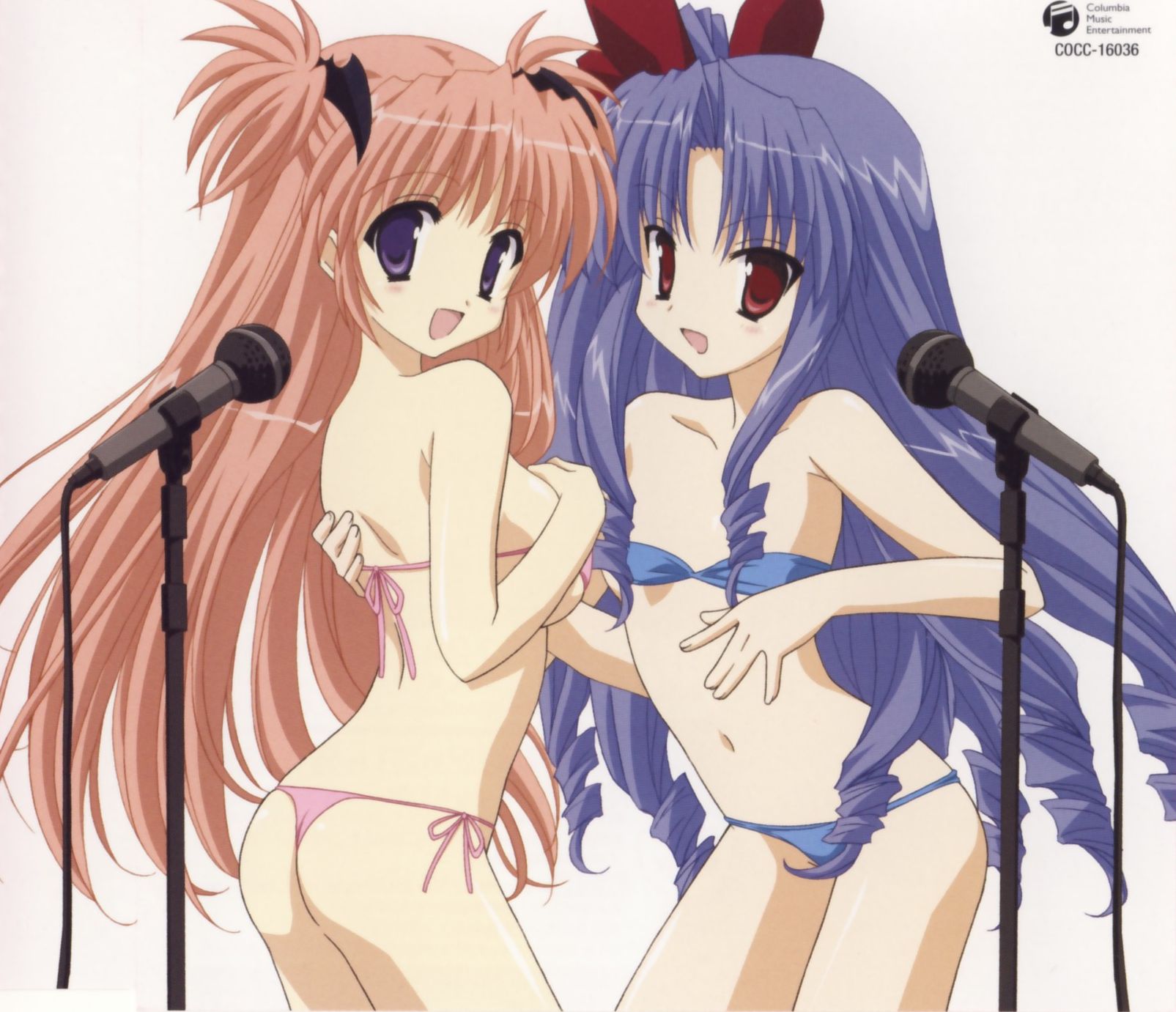 houjou reika, tsukimura mayu, goshuushou-sama ninomiya-kun, highres, 00s, 2girls, armpits, ass, back, bandeau, bikini, blue bikini, breasts, cable, cowboy shot, flat chest, from side, large breasts, long hair, microphone, microphone stand, multiple girls, panties, parted bangs, pink bikini, side-tie bikini bottom, simple background, standing, strapless, strapless bikini, swimsuit, thong, thong bikini, two side up, underwear, very long hair, white background