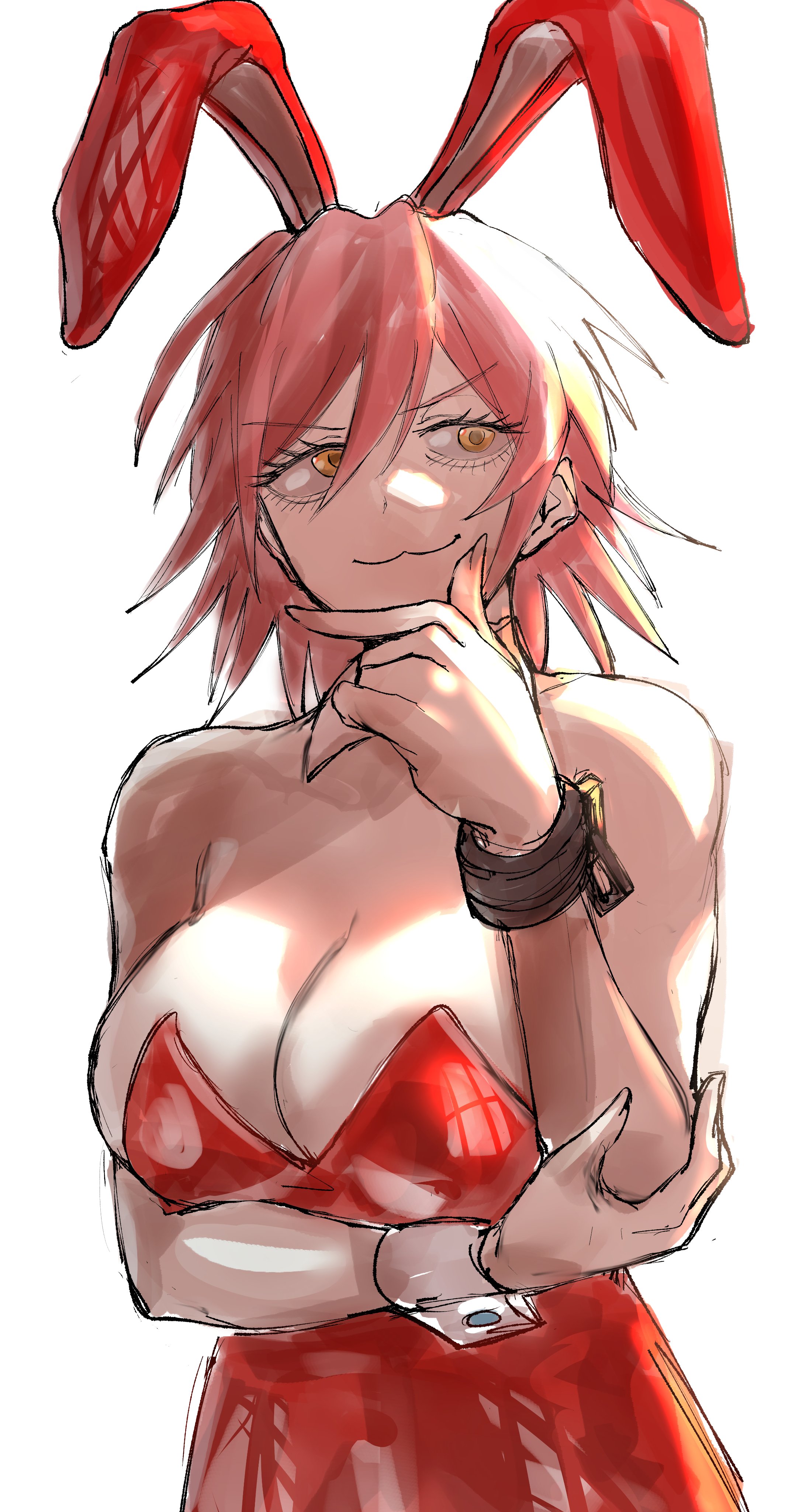 fukamichi ran'ou, haruhara haruko, flcl, absurdres, highres, 1girl, animal ears, breasts, fake animal ears, hand on own chin, large breasts, leotard, orange eyes, purple hair, red leotard, short hair, simple background, solo, upper body, white background, wrist cuffs