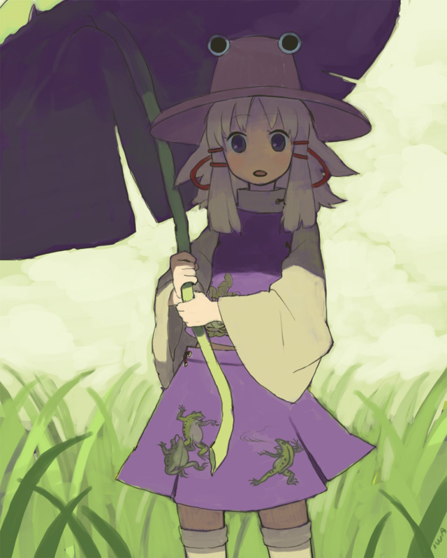 iwamoto zerogo, moriya suwako, touhou, 1girl, blonde hair, female focus, field, grass, hat, leaf umbrella, long sleeves, nature, no nose, outdoors, purple eyes, short hair, skirt, skirt set, solo, thighhighs, umbrella, white thighhighs, wide sleeves