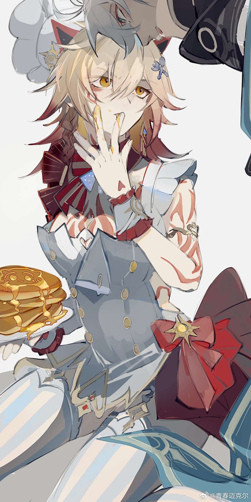 mississipping, escoffier (genshin impact), mydei (honkai: star rail), phainon (honkai: star rail), genshin impact, honkai: star rail, honkai (series), mihoyo, chinese commentary, commentary request, highres, 1boy, 1girl, apron, arm tattoo, black shirt, blue eyes, blue thighhighs, bow, breast tattoo, chef hat, coat, cosplay, escoffier (genshin impact) (cosplay), eye contact, facial tattoo, food, fork hair ornament, genderswap, genderswap (mtf), hat, holding, holding plate, honey, licking, licking finger, looking at another, pancake, pancake stack, plate, red bow, red tattoo, shirt, simple background, striped clothes, striped thighhighs, tattoo, thighhighs, two-tone thighhighs, vertical-striped clothes, vertical-striped thighhighs, watermark, weibo watermark, white apron, white background, white coat, white hair, white thighhighs, wrist cuffs