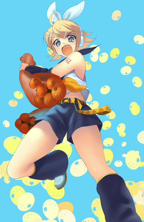 piyodera mucha, kagamine rin, vocaloid, 1girl, :o, bag, bare shoulders, belt, blue eyes, bow, detached sleeves, fang, female focus, food, fruit, hair ornament, hairclip, headphones, headset, leg up, leg warmers, midriff, open mouth, orange (fruit), shirt, shoes, shorts, sleeveless, sleeveless shirt, solo, surprised