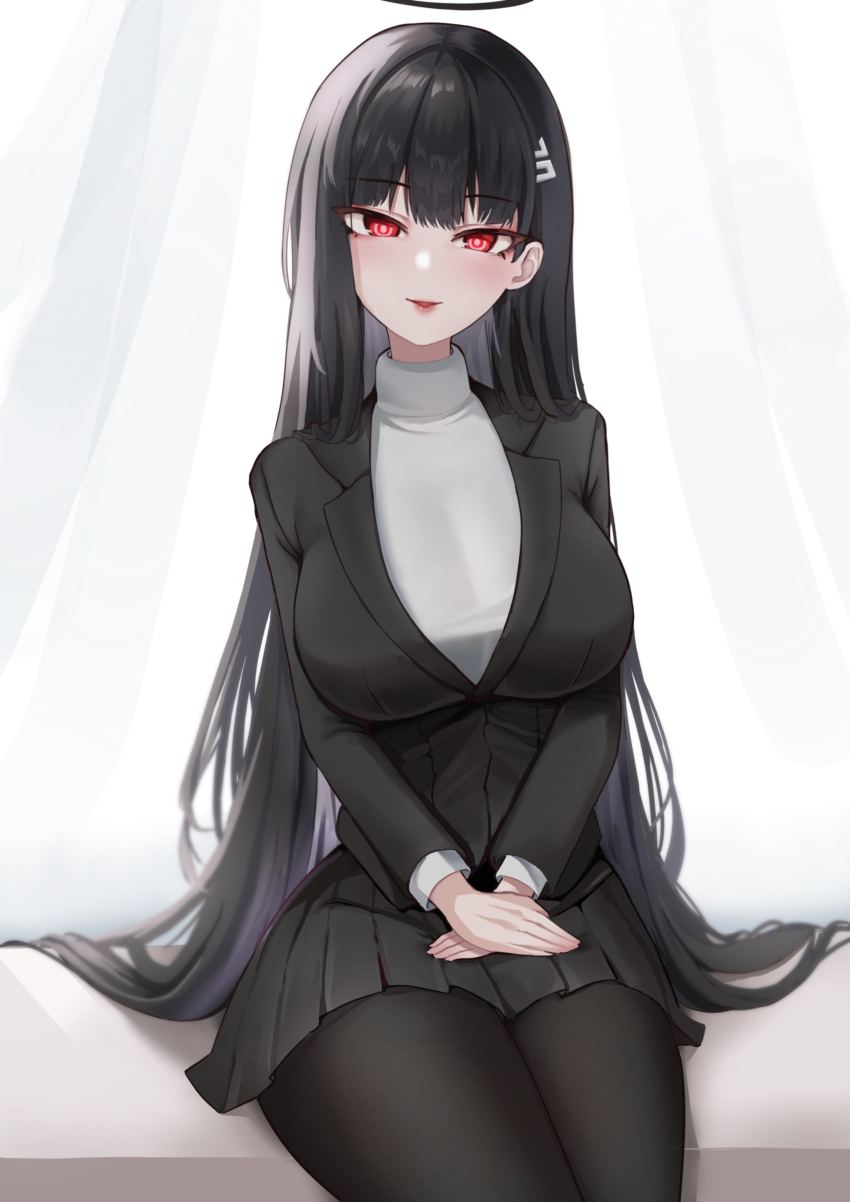 fluffyebi01, rio (blue archive), blue archive, absurdres, bad id, bad twitter id, highres, 1girl, black hair, black pantyhose, black skirt, blazer, breasts, bright pupils, eyeliner, hair ornament, hairclip, halo, hands on own thighs, jacket, large breasts, lips, long hair, long sleeves, looking at viewer, makeup, own hands together, pantyhose, parted lips, pleated skirt, red eyes, ringed eyes, sitting, skirt, solo, sweater, turtleneck, turtleneck sweater, very long hair, white pupils, white sweater