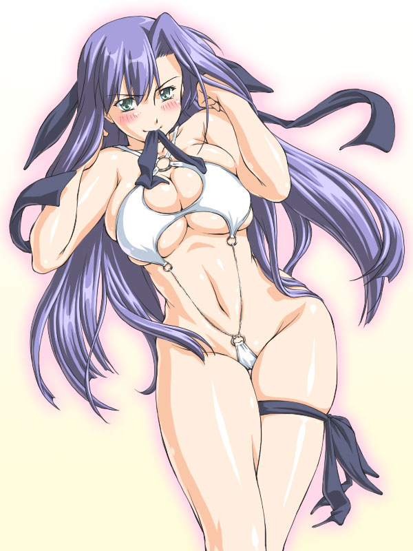 jon shicchiou, ginga nakajima, lyrical nanoha, mahou shoujo lyrical nanoha, mahou shoujo lyrical nanoha strikers, 00s, bikini, blush, breasts, breasts squeezed together, green eyes, hip focus, huge breasts, large breasts, legs, long hair, micro bikini, midriff, mouth hold, muscular, purple hair, ribbon, slingshot swimsuit, swimsuit, thighs, white bikini