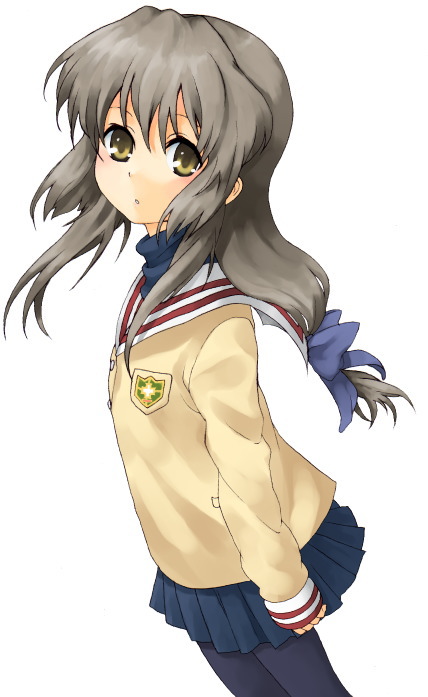 ibuki fuuko, clannad, 00s, 1girl, black pantyhose, blue skirt, blush, brown eyes, emblem, female focus, long hair, long sleeves, looking at viewer, low-tied long hair, low ponytail, miniskirt, pantyhose, pleated skirt, ponytail, simple background, skirt, solo, sweater, tareme, white background