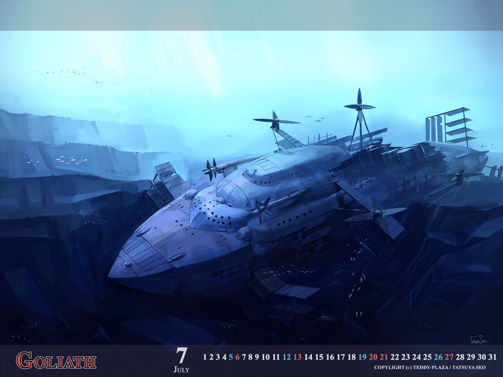seo tatsuya, original, studio ghibli, tenkuu no shiro laputa, highres, 00s, 2008, aircraft, airship, blue theme, broken, calendar, english text, engrish text, fish, flying, july, no humans, ranguage, ship, signature, underwater, vehicle focus, watercraft, wreck, wreckage