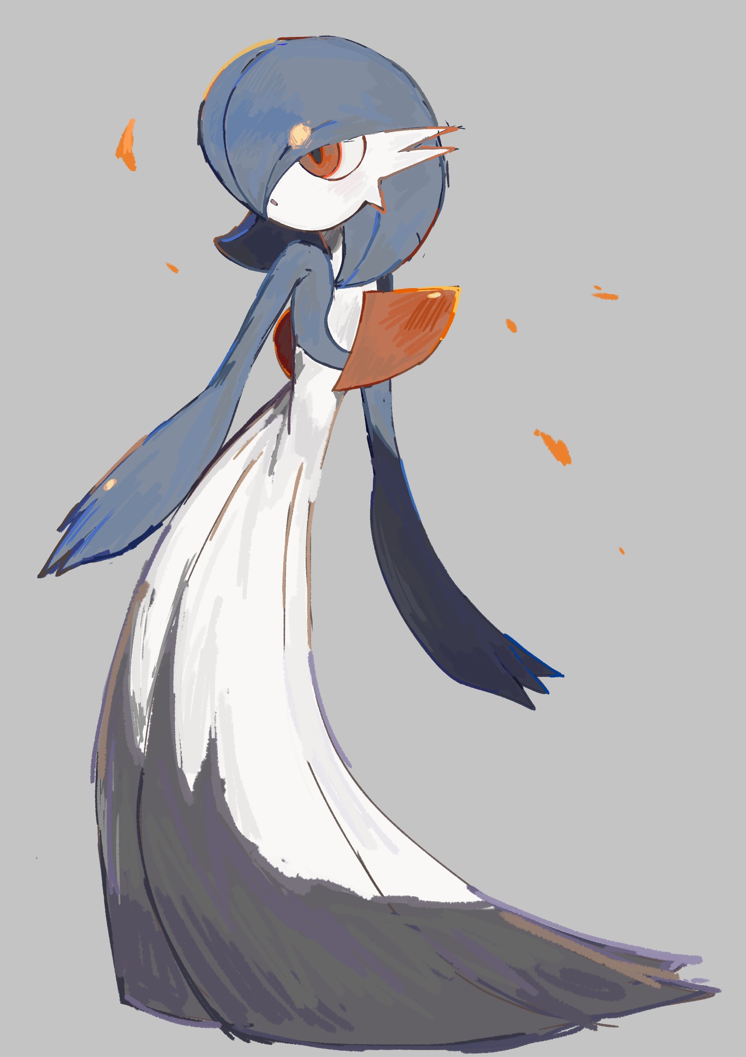 shicha (yagu), gardevoir, nintendo, pokemon, highres, alternate color, blue hair, blue skin, bob cut, colored skin, dress, gen 3 pokemon, grey background, hair over one eye, multicolored skin, orange eyes, pokemon (creature), shiny pokemon, simple background, two-tone skin, white dress, white skin