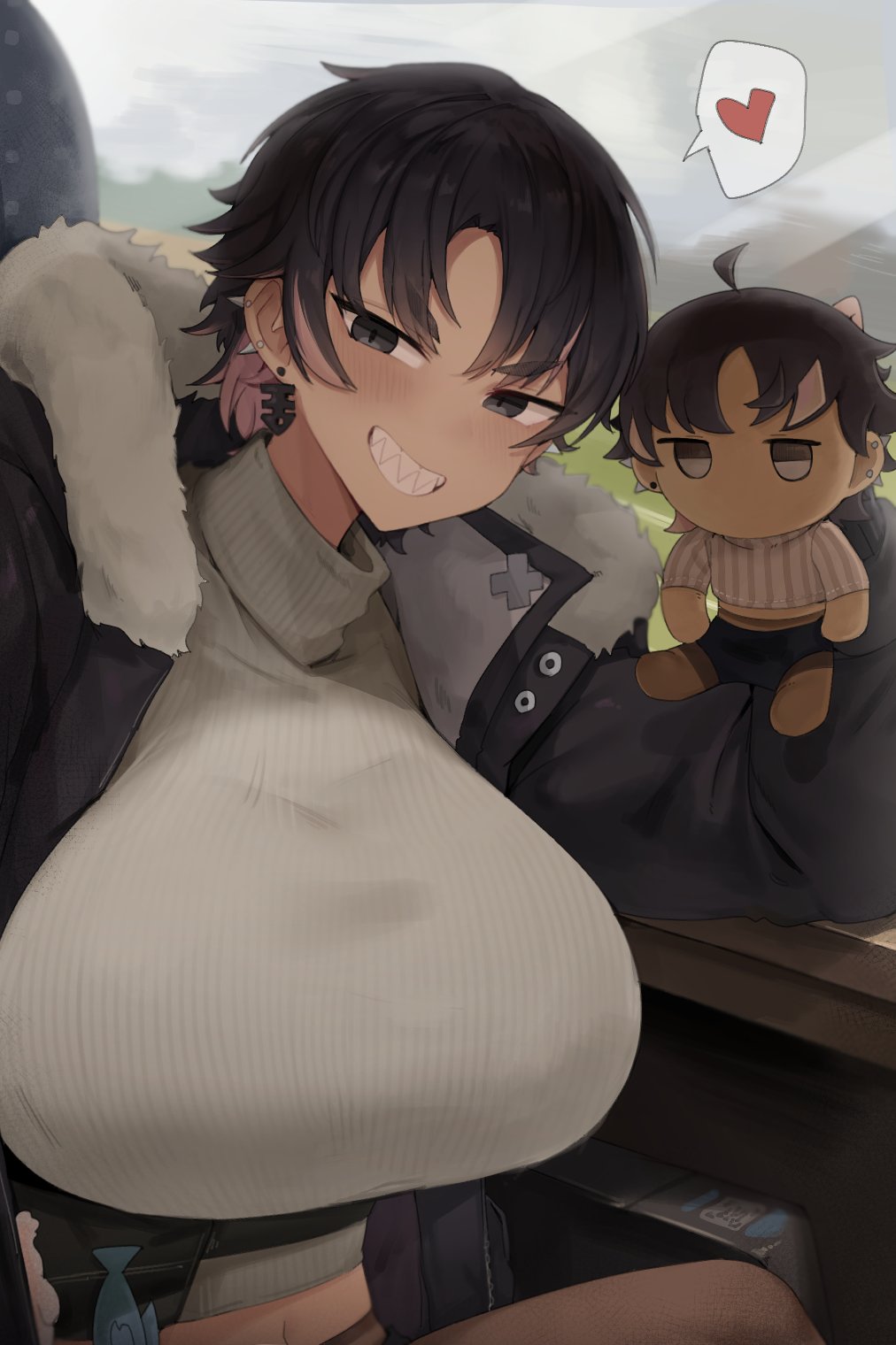 gurenola, bon (vtuber), indie virtual youtuber, highres, 1girl, black hair, black jacket, breasts, character doll, colored inner hair, doll, ear piercing, fish skeleton earrings, fur-trimmed jacket, fur trim, grey eyes, heart, jacket, large breasts, multicolored hair, navel, open clothes, open jacket, pantyhose, piercing, pink hair, ribbed sweater, sharp teeth, short hair, spoken heart, sweater, teeth, virtual youtuber, white sweater