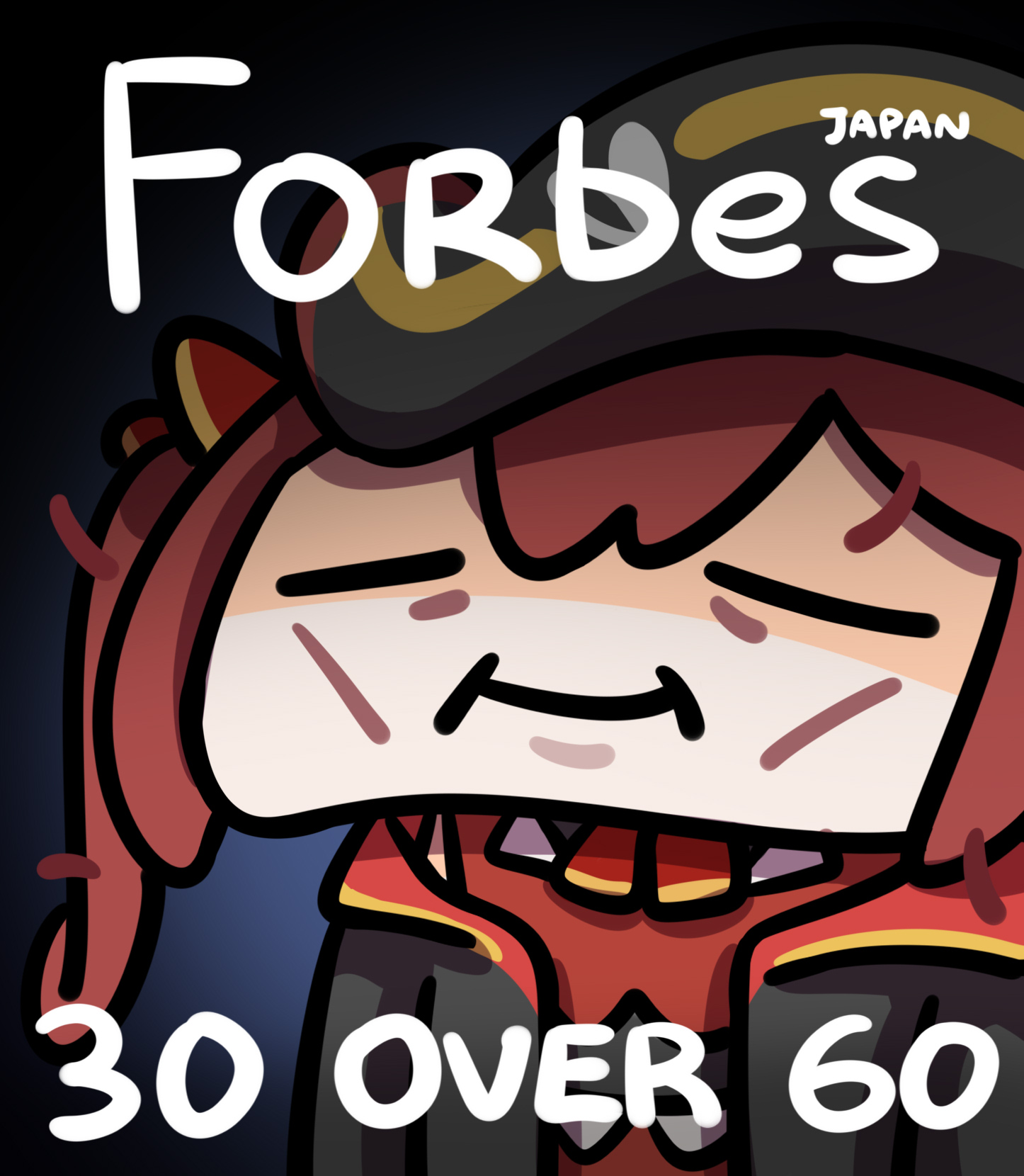 keenbiscuit, houshou marine, hololive, highres, 1girl, ascot, bicorne, chibi, closed eyes, forbes, hat, jacket, light smile, no eyepatch, open clothes, open jacket, parody, pirate, pirate hat, red ascot, red hair, solo, twintails, virtual youtuber, wrinkled skin