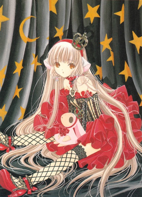 clamp, chii, chobits, lace-trimmed legwear, spoilers, 00s, 1girl, bare shoulders, black thighhighs, blonde hair, brown eyes, choker, crescent, crown, curtains, dress, female focus, fishnet thighhighs, fishnets, hair spread out, hair tubes, high heels, lace, lace trim, layered dress, long hair, looking at viewer, parted lips, red shoes, shoes, sitting, solo, star (symbol), star print, stuffed animal, stuffed toy, thighhighs, very long hair