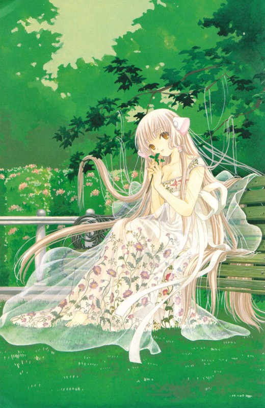 clamp, chii, chobits, 00s, 1girl, bench, dress, female focus, flower, grass, hair spread out, hair tubes, long hair, robot ears, see-through clothes, sitting, solo, tree, very long hair