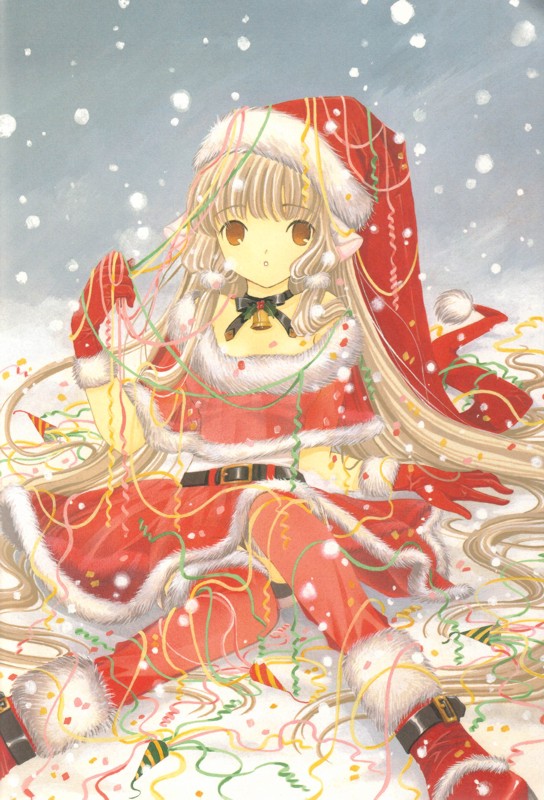 clamp, chii, chobits, santa boots, 00s, 1girl, :o, bell, belt, blonde hair, boots, brown eyes, capelet, choker, christmas, confetti, female focus, fur trim, gloves, hair spread out, hat, holly, long hair, looking at viewer, off shoulder, pom pom (clothes), red boots, red gloves, red thighhighs, ribbon, robot ears, santa costume, santa hat, snow, snowing, solo, thighhighs, yellow eyes
