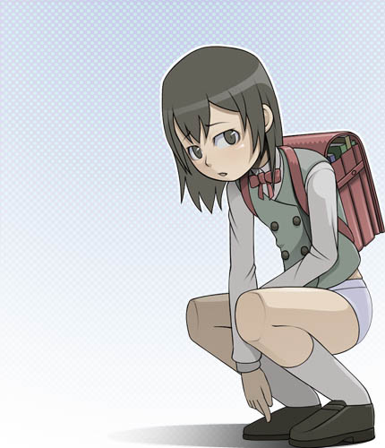 caryo, midori boushi, hashimoto fumie, dennou coil, lowres, 00s, 1girl, backpack, bag, brown eyes, brown hair, female focus, no pants, panties, randoseru, short hair, solo, underwear, vest