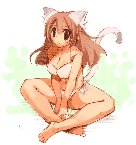 momiji mao, original, 1girl, animal ear fluff, animal ears, barefoot, bikini, breasts, brown eyes, brown hair, cat ears, cat tail, cleavage, female focus, indian style, long hair, side-tie bikini bottom, sitting, sketch, smile, solo, swimsuit, tail, v arms