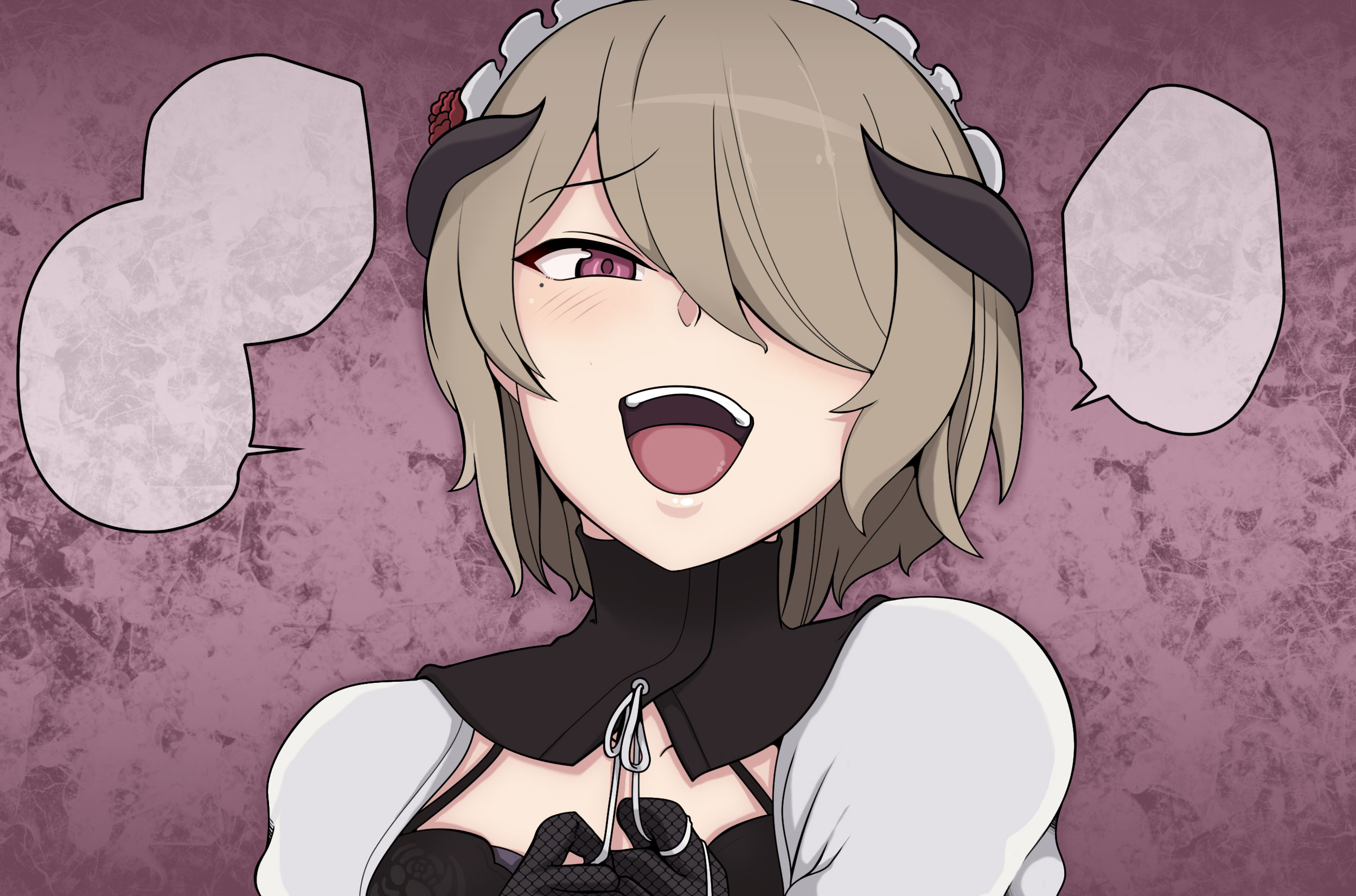 rita rossweisse, rita rossweisse (umbral rose), honkai (series), honkai impact 3rd, highres, 1girl, :d, breasts, brown hair, cleavage, cleavage cutout, clothing cutout, hair over one eye, large breasts, looking at viewer, maid, maid headdress, mole, mole under mouth, open mouth, purple eyes, pyapyapyapyap, short hair, smile, solo, upper body