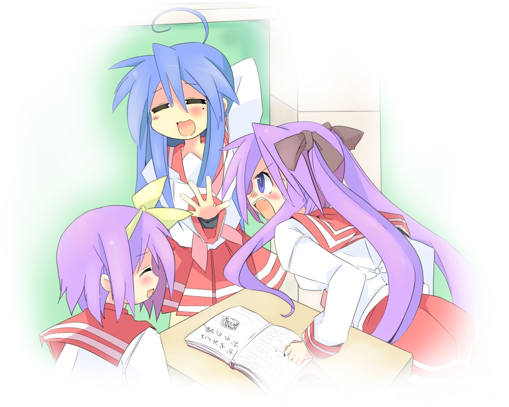 kanikama, hiiragi kagami, hiiragi tsukasa, izumi konata, lucky star, translated, 00s, 3girls, = =, hair ribbon, hairband, long hair, mole, mole under eye, multiple girls, school uniform, serafuku, short hair, sisters, twins, twintails, yuri