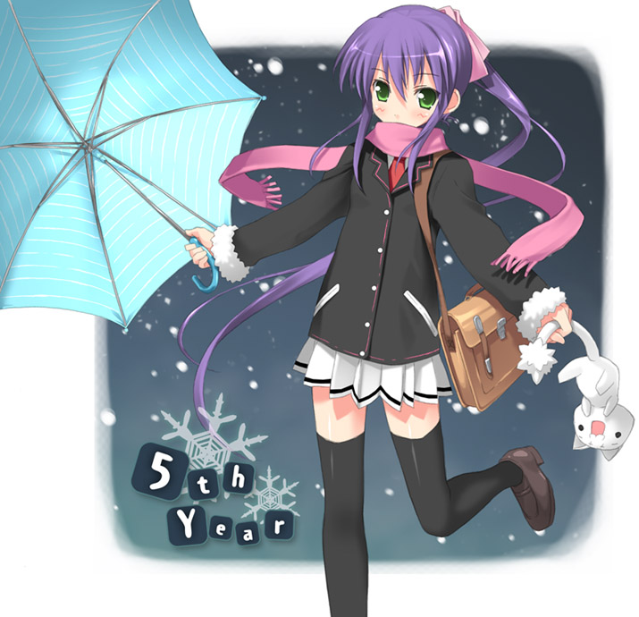 kantoku, original, 1girl, bag, coat, female focus, green eyes, long hair, purple hair, scarf, school bag, school uniform, serafuku, skirt, snow, snowflakes, snowing, solo, stuffed animal, stuffed cat, stuffed toy, thighhighs, umbrella, very long hair, zettai ryouiki