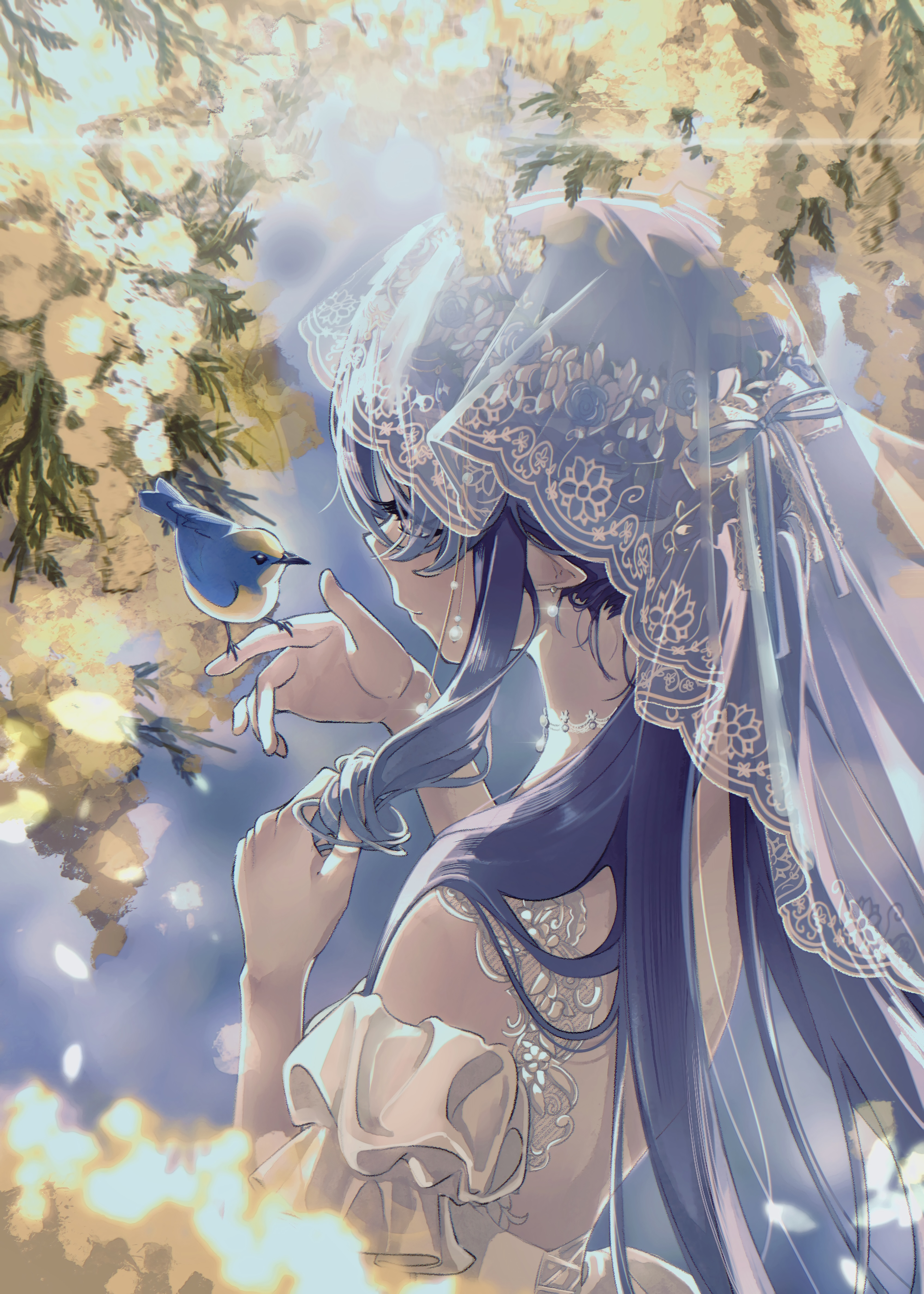 hoshizora no shukufuku, layla (genshin impact), genshin impact, absurdres, highres, 1girl, alternate costume, animal, bird, bird on hand, blue hair, bridal veil, bride, dress, drill hair, earrings, flower, hand in own hair, jewelry, light smile, long hair, looking at another, pointy ears, see-through clothes, see-through veil, solo, sunlight, upper body, veil, wedding dress, white dress, white veil, yellow eyes, yellow flower