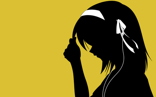suzumiya haruhi, suzumiya haruhi no yuuutsu, lowres, 00s, 1girl, digital media player, earphones, female focus, hairband, ipod, ipod ad, monochrome, short hair, silhouette, solo, yellow background