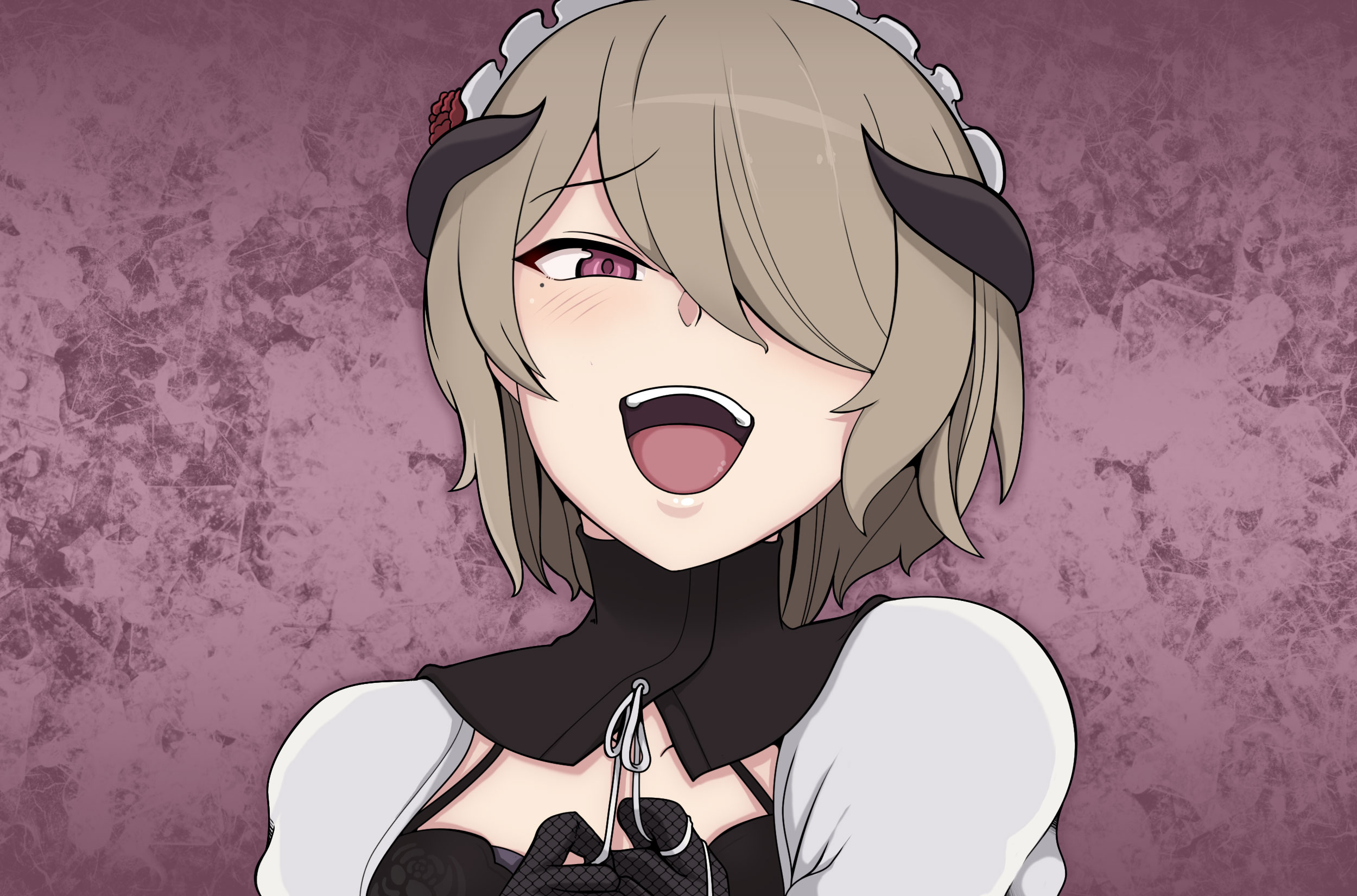 rita rossweisse, rita rossweisse (umbral rose), honkai (series), honkai impact 3rd, highres, 1girl, :d, breasts, brown hair, cleavage, cleavage cutout, clothing cutout, hair over one eye, large breasts, looking at viewer, maid, maid headdress, mole, mole under mouth, open mouth, purple eyes, pyapyapyapyap, short hair, smile, solo, upper body