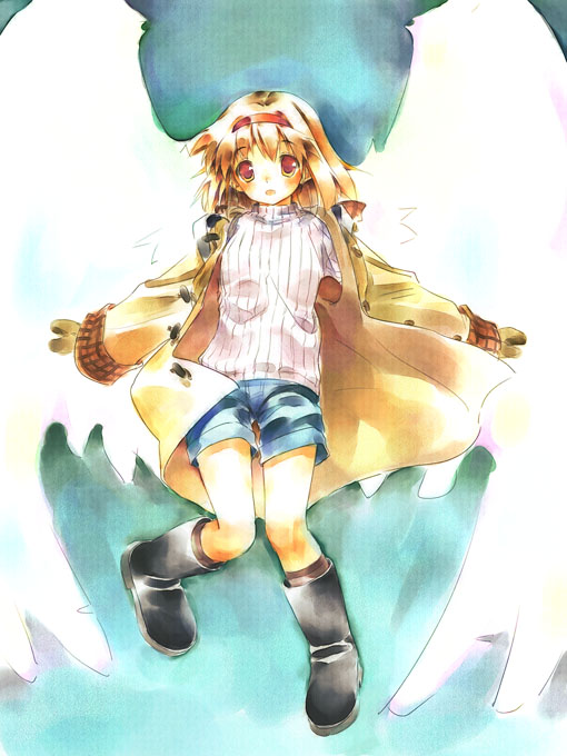 tsukimiya ayu, kanon, 1girl, angel wings, bare legs, blue skirt, blush, boots, brown eyes, brown hair, coat, female focus, hairband, jacket, long hair, long sleeves, looking at viewer, miniskirt, mittens, open clothes, open jacket, outstretched arms, oversized wings, red eyes, shorts, skirt, solo, sweater, very long hair, wings