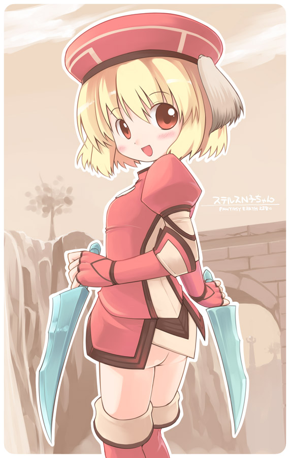 emurin, fantasy earth zero, animal ears, boots, dog ears, dual wielding, emudon, holding, no panties, red boots, solo, sword, thighhighs, weapon