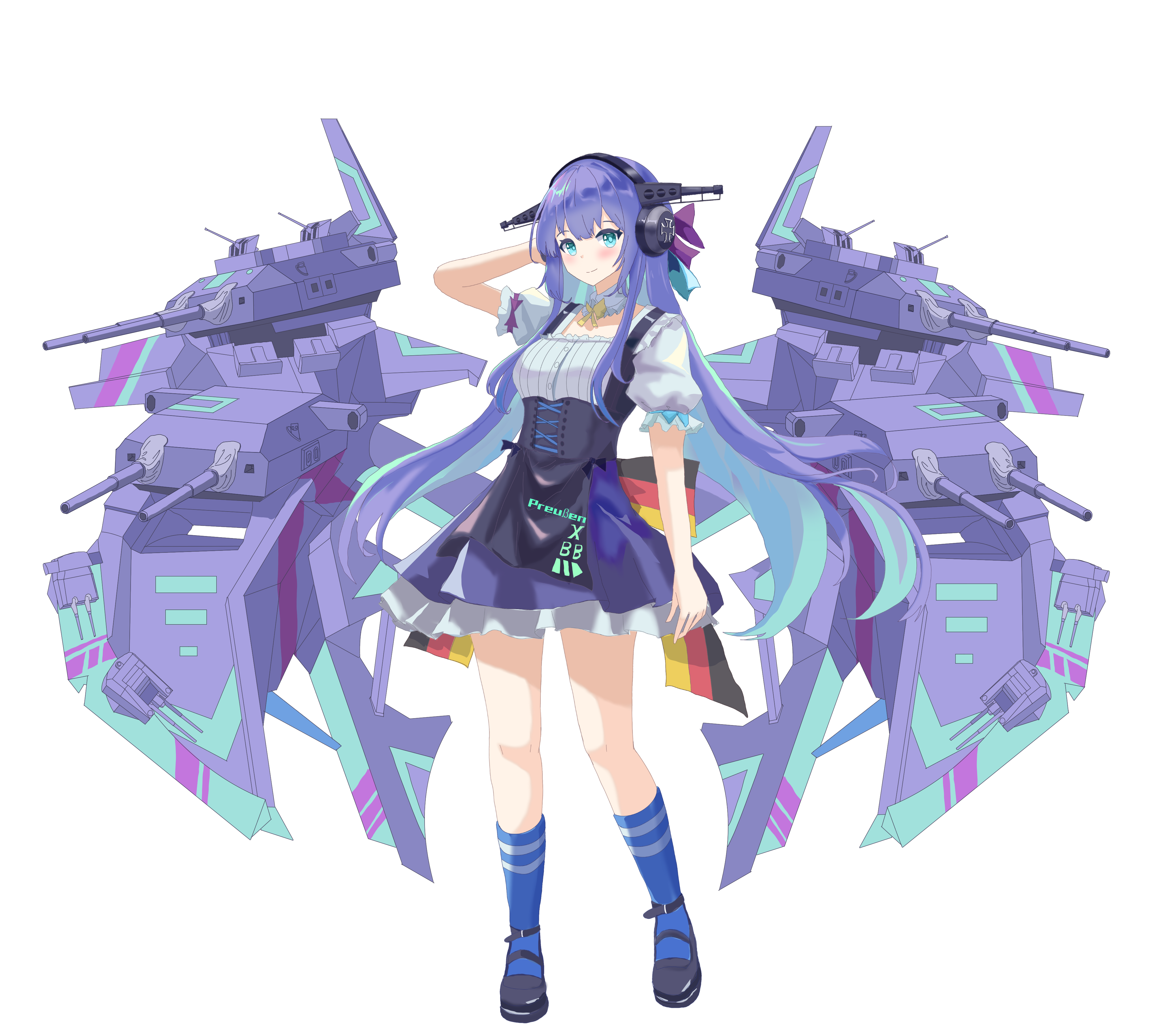world of warships, absurdres, commentary, highres, 1girl, apron, aqua eyes, auna2434, black apron, black shoes, blue hair, blue socks, breasts, colored inner hair, dress, flag print, full body, german flag, german flag print, hand in own hair, headgear, medium breasts, multicolored hair, personification, preussen (world of warships), puffy short sleeves, puffy sleeves, purple dress, rigging, ship turret, shoes, short dress, short sleeves, simple background, socks, solo, transparent background