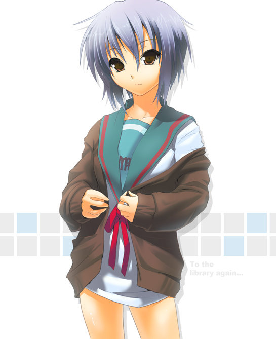 nilitsu, nagato yuki, suzumiya haruhi no yuuutsu, silver hair, 00s, bottomless, cardigan, no pants, school uniform, serafuku, short hair, solo, yellow eyes