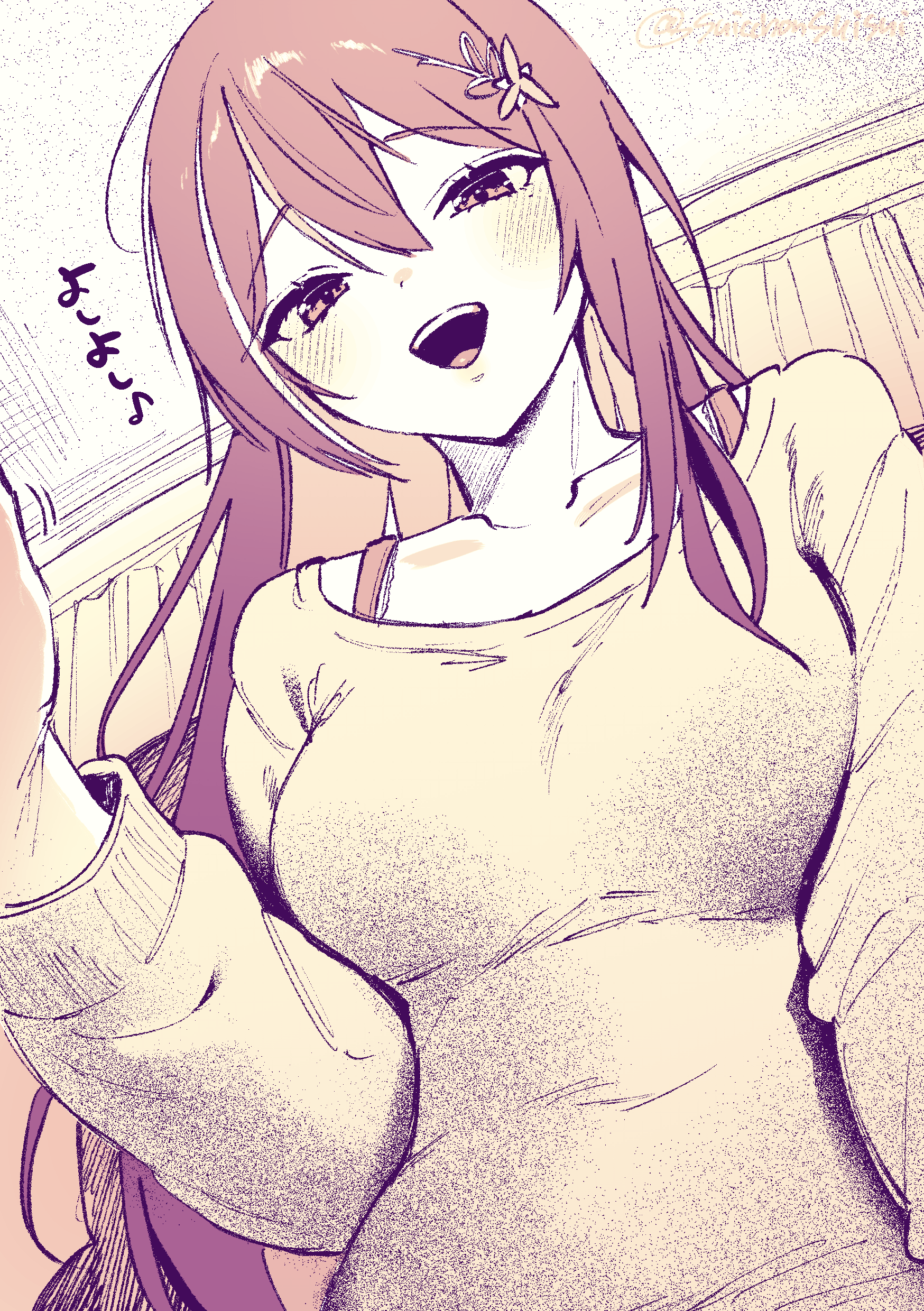 suicchonsuisui, absurdres, character request, commentary, copyright request, highres, symbol-only commentary, 1girl, blush, bra strap, breasts, double-parted bangs, hair between eyes, hair ornament, long bangs, long hair, long sleeves, monochrome, open mouth, orange theme, smile, solo, straight hair, sweat, upper body