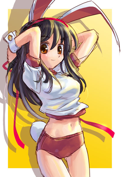 katahira masashi, original, animal ears, buruma, cowboy shot, gym uniform, midriff, outside border, rabbit ears, rabbit girl, rabbit tail, solo, tail