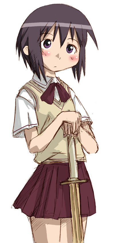 nyazui, kawazoe tamaki, bamboo blade, 00s, 1girl, blush, bow, bowtie, cowboy shot, female focus, holding, holding sword, holding weapon, looking at viewer, pleated skirt, red bow, red bowtie, shinai, shirt, simple background, skirt, solo, standing, sweater vest, sword, weapon, white background, white shirt, wooden sword
