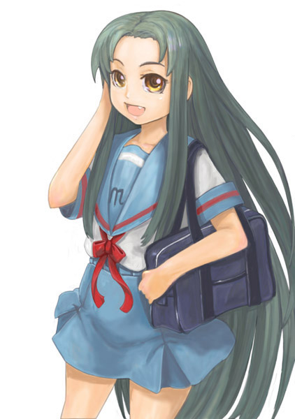 ikara, tsuruya, suzumiya haruhi no yuuutsu, 00s, 1girl, bag, black hair, blue skirt, cowboy shot, fang, fang out, female focus, hand on own face, long hair, school uniform, serafuku, skirt, smile, solo, very long hair, white background, yellow eyes