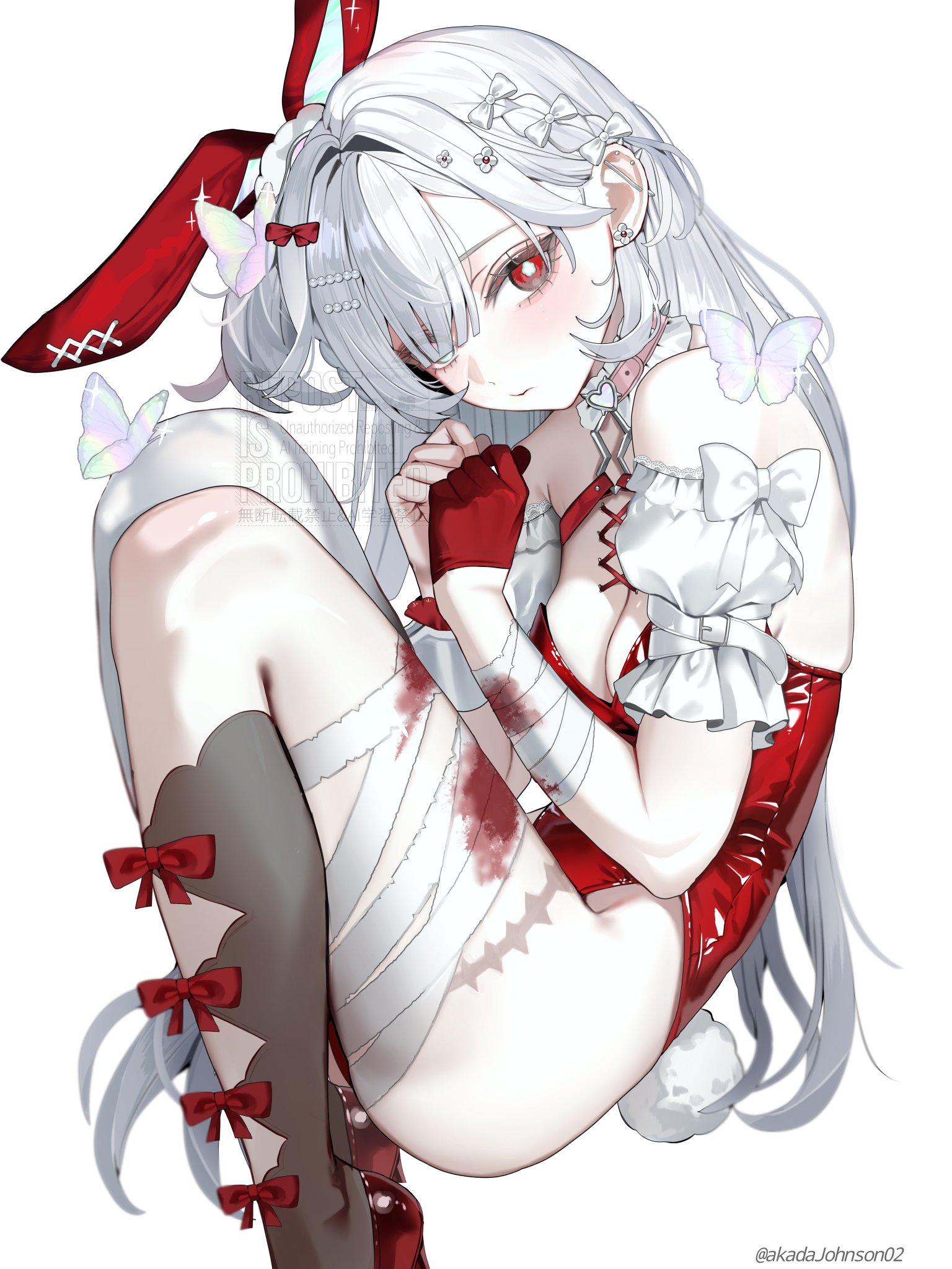 akadajohnson02, original, commission, highres, skeb commission, 1girl, animal ears, bandaged arm, bandaged leg, bandages, blush, bow, breasts, bug, butterfly, cleavage, closed mouth, fake animal ears, gloves, hair bow, hair ornament, hair over one eye, hands up, insect, leotard, long hair, looking at viewer, medium breasts, playboy bunny, rabbit ears, rabbit tail, red bow, red eyes, red gloves, red leotard, simple background, single glove, solo, tail, twitter username, watermark, white background, white bow, white butterfly, white hair