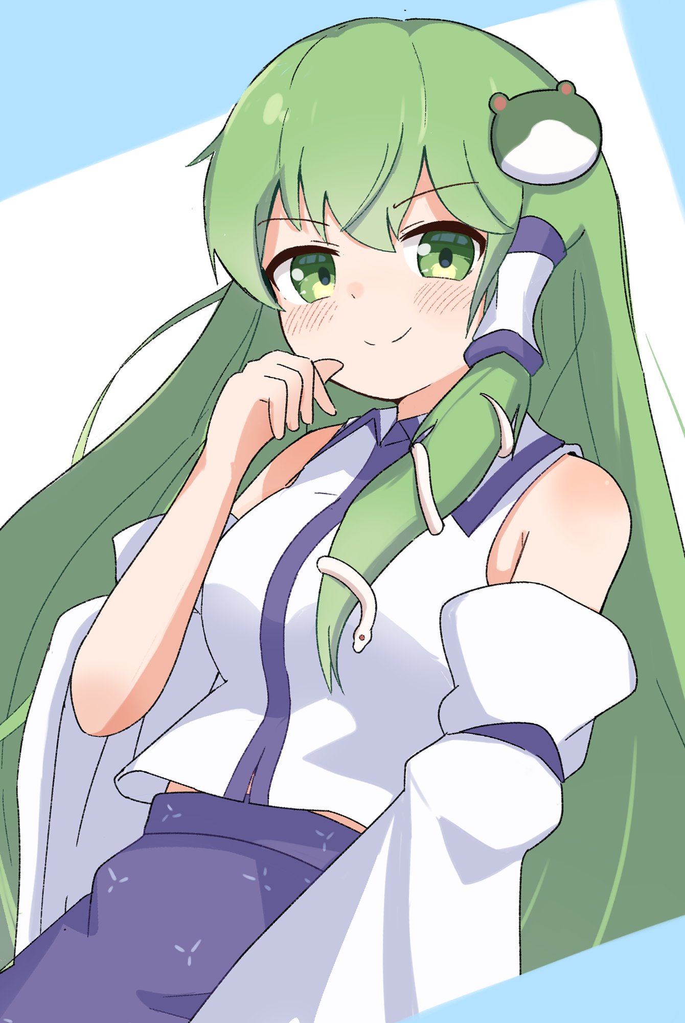 haya s2, kochiya sanae, touhou, commentary, highres, 1girl, bare shoulders, blue skirt, blush, detached sleeves, frog hair ornament, green eyes, green hair, hair ornament, shirt, skirt, sleeveless, sleeveless shirt, smile, snake hair ornament, solo, white shirt