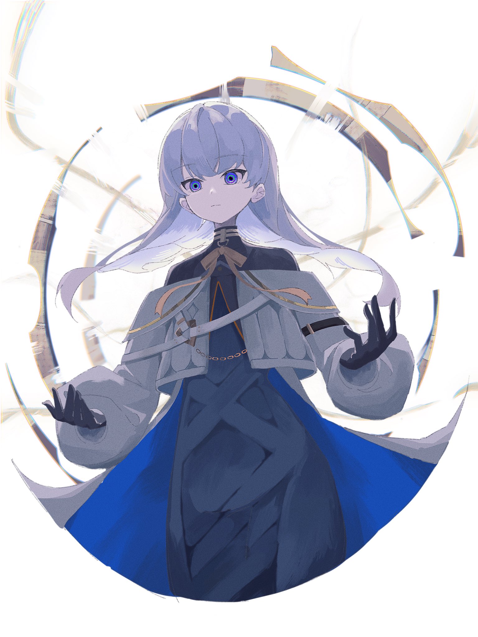 insight (designant) (arcaea), arcaea, highres, 1girl, black dress, black gloves, black pantyhose, bow, chain, dress, dress shirt, earrings, expressionless, floating hair, gloves, hair between eyes, insight (arcaea), jewelry, long sleeves, p60k3, pantyhose, purple eyes, shirt, solo, two-tone dress, upper body, white background, white hair, white shirt, yellow bow