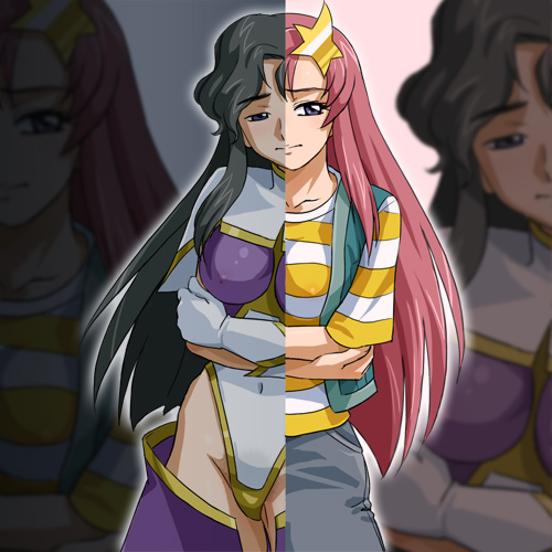 haruyama kazunori, meer campbell, gundam, gundam seed, gundam seed destiny, silver hair, lowres, spoilers, 00s, 1girl, alternate costume, dual persona, hair ornament, leotard, pink hair, split theme, star (symbol), star hair ornament