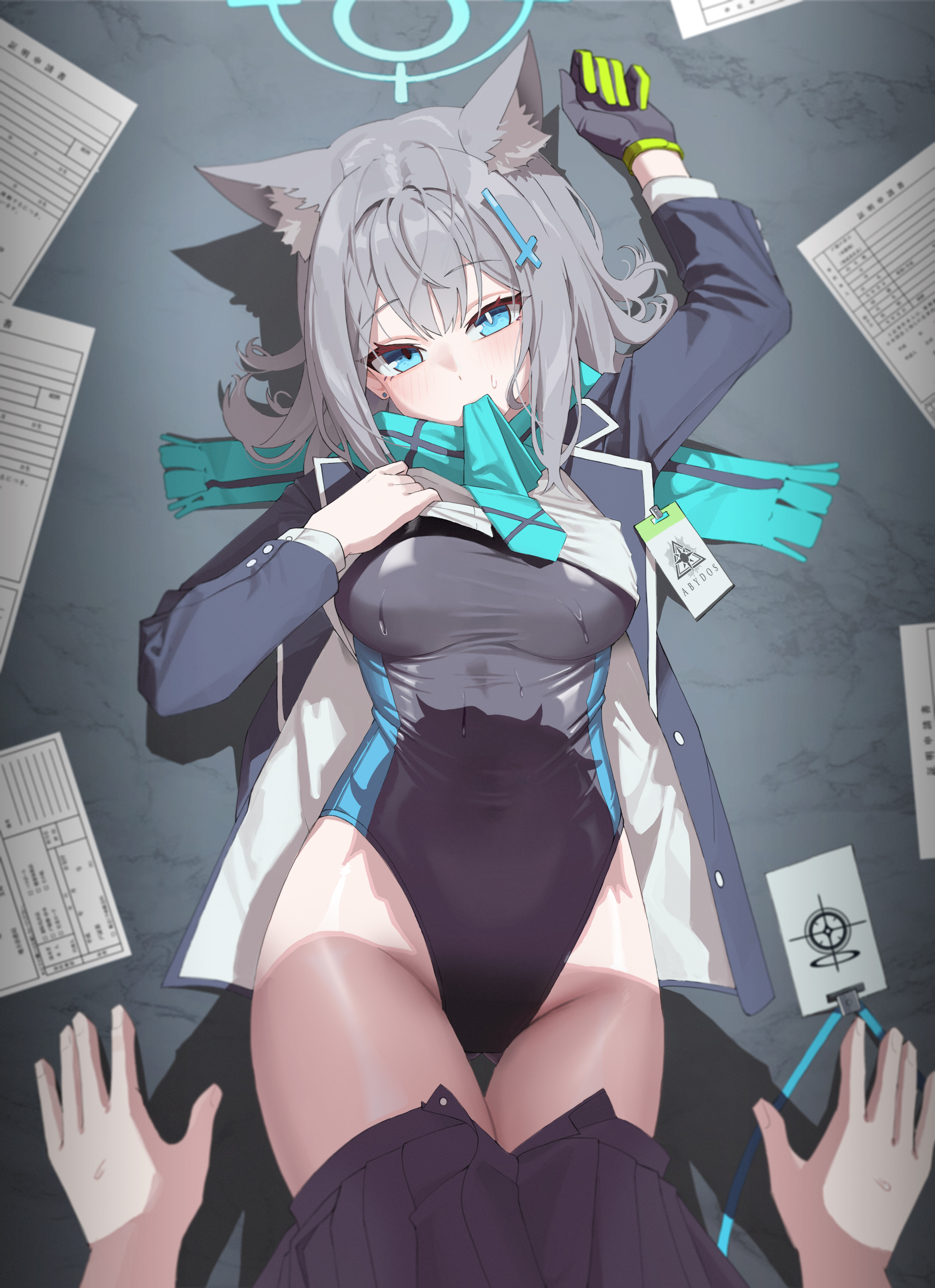 mahou gnome, shiroko (blue archive), blue archive, absurdres, commentary request, highres, korean commentary, 1boy, 1girl, animal ear fluff, animal ears, arm up, black one-piece swimsuit, blue halo, blue scarf, breasts, competition swimsuit, cross, cross hair ornament, extra ears, grey hair, hair ornament, halo, inverted cross, large breasts, looking at viewer, lying, mismatched pupils, mouth hold, on back, one-piece swimsuit, paper, pov, scarf, swimsuit, wolf ears