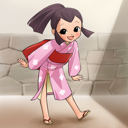 haruyama kazunori, midori (snk no fujimaru), shonen ninja kaze no fujimaru, shounen ninja kaze no fujimaru, lowres, 1girl, black eyes, blush, brown hair, female focus, happy, japanese clothes, kimono, open mouth, pink kimono, ponytail, sandals, solo, yukata