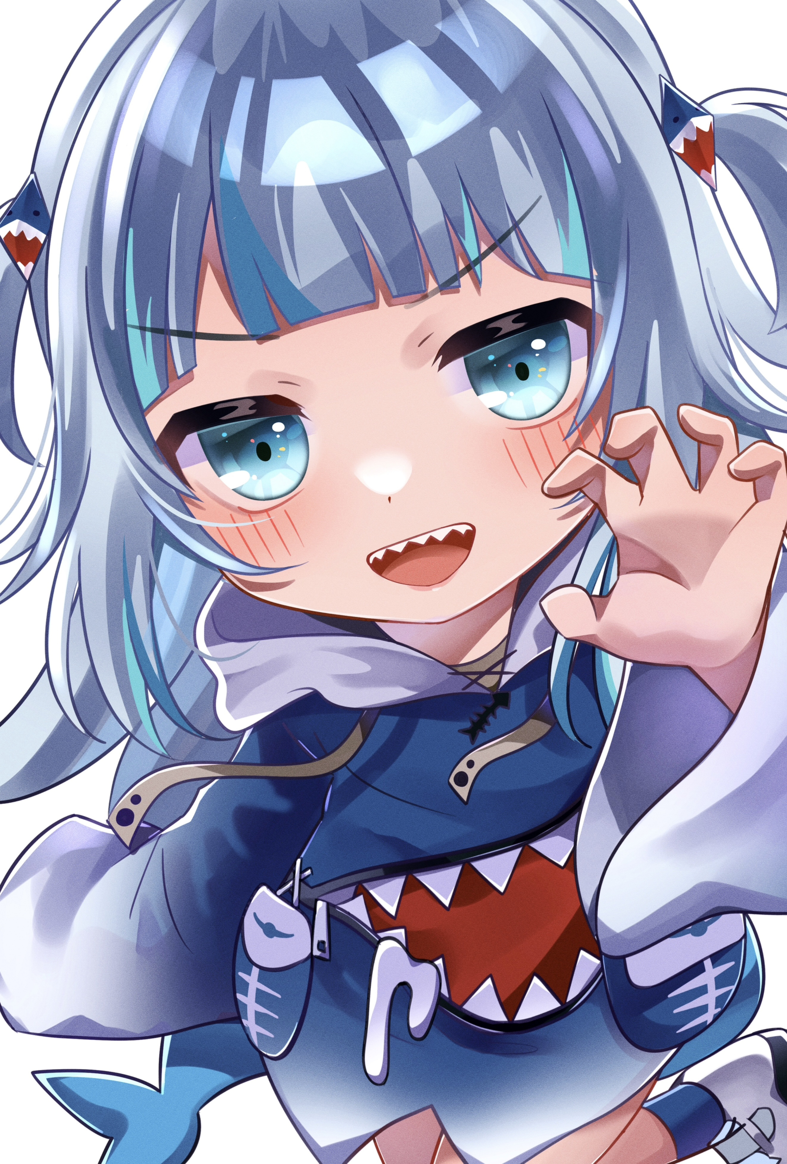 inairego116, gawr gura, hololive, hololive english, absurdres, highres, 1girl, blue eyes, blue hair, blue hoodie, blush, fins, fish skeleton, fish tail, grey hair, hair ornament, hood, hood down, hoodie, long sleeves, multicolored hair, multicolored hoodie, open mouth, shark girl, shark hair ornament, shark tail, sharp teeth, shoes, solo, streaked hair, tail, teeth, two side up, white background, white shoes