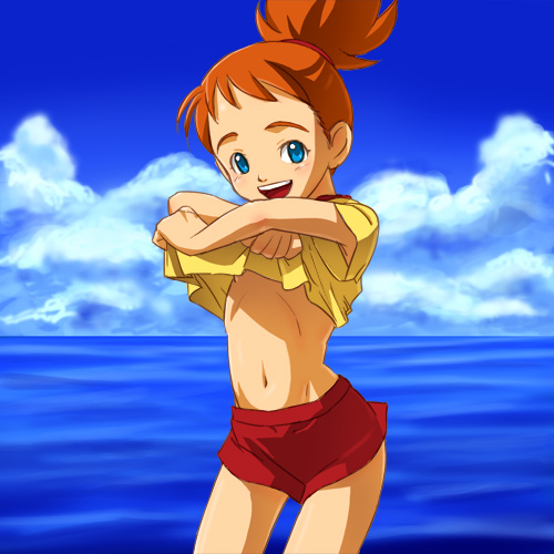 haruyama kazunori, nanami simpson, nanatsu no umi no tico, nippon animation, world masterpiece theater, lowres, 1girl, armpit peek, clothes lift, cloud, day, female focus, flat chest, loli, nipples, ocean, outdoors, ponytail, shirt lift, sky, solo