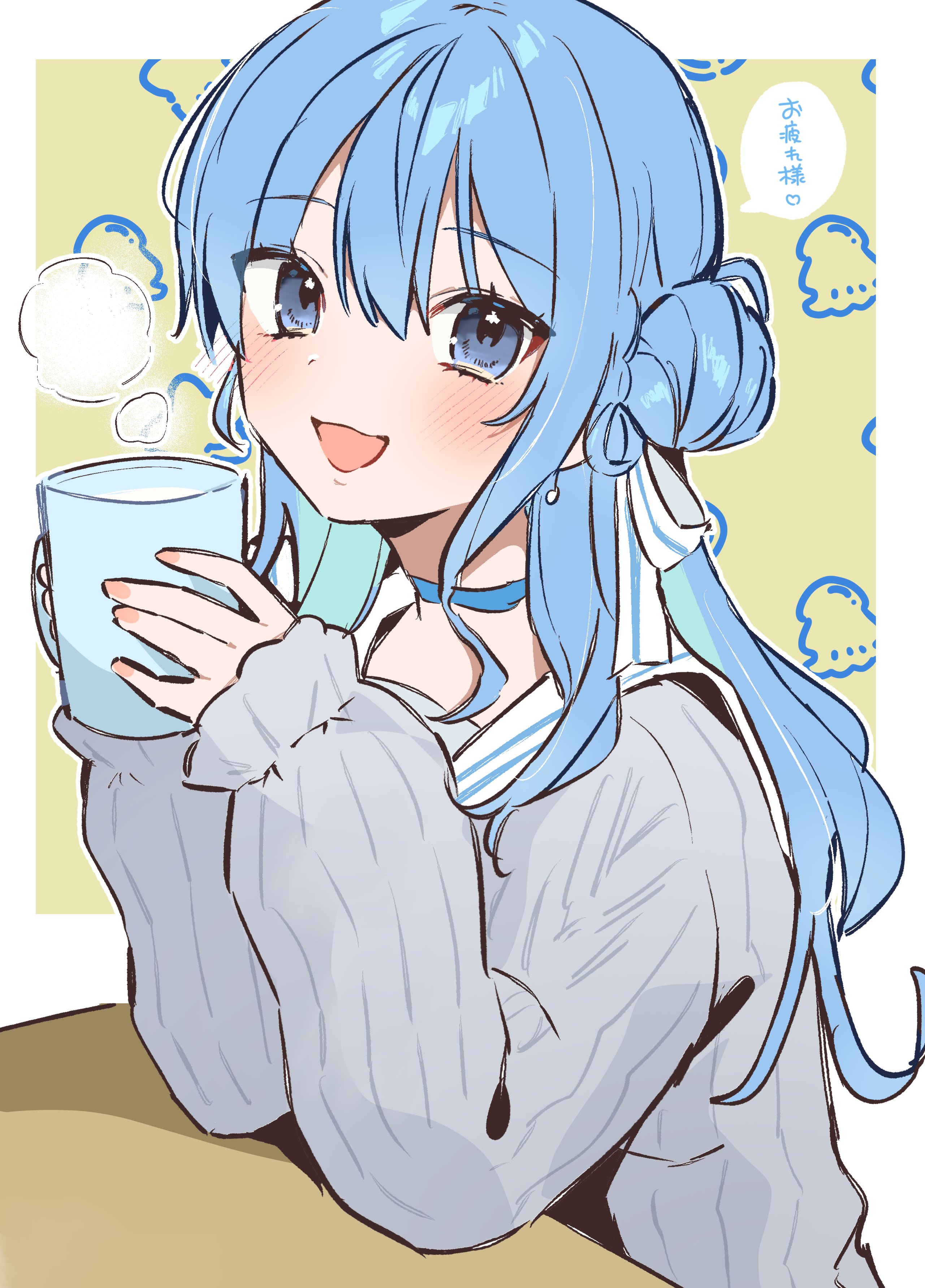 suicchonsuisui, hoshimachi suisei, hololive, absurdres, highres, 1girl, blue choker, blue eyes, blue hair, blush, border, choker, coffee mug, cup, dot nose, double-parted bangs, elbows on table, grey sweater, hair between eyes, hair bun, hair ribbon, hands up, holding, holding cup, long bangs, long hair, long sleeves, mug, open mouth, outside border, ribbon, sleeves past wrists, smile, solo, steam, steaming cup, sweater, upper body, virtual youtuber, white border, white ribbon, yellow background