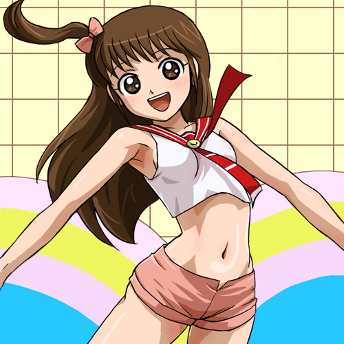 haruyama kazunori, kurumi (cybot robotchi), cybot robochi, lowres, 1girl, armpits, bare shoulders, brown eyes, brown hair, crop top, female focus, long hair, looking at viewer, midriff, navel, shiny skin, shirt, shorts, solo, stomach, very long hair, white shirt
