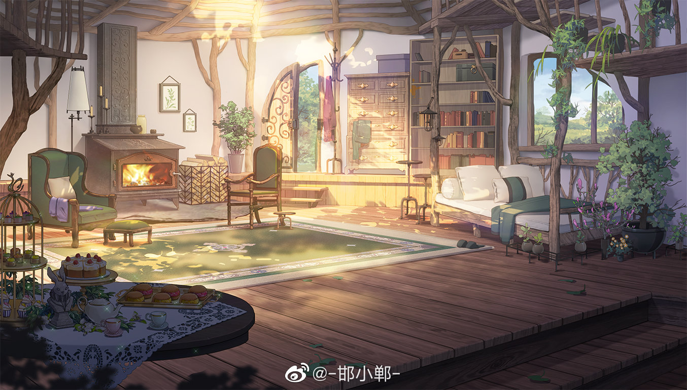 hanxiaodan, lovebrush chronicles, official art, armchair, bed, bookshelf, branch, bust (sculpture), cake, cake slice, cake stand, candle, candlestand, canopy bed, chair, chest of drawers, chimney, coat, coat rack, cup, cupcake, dappled sunlight, day, fireplace, firewood, flower, food, footstool, indoors, lamp, lantern, leaf, macaron, no humans, open door, photo (object), pink flower, plant, potted plant, rug, saucer, scenery, shelf, slippers, stairs, stool, sunlight, table, tablecloth, teacup, teapot, tiered tray, tree, unworn coat, unworn slippers, watermark, weibo watermark, window, wooden door, wooden floor, wooden table, yellow flower