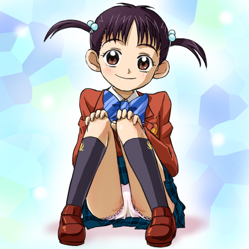 haruyama kazunori, kagayama miu, futari wa precure, precure, lowres, 00s, 1girl, blazer, brown jacket, female focus, jacket, loli, panties, pantyshot, school uniform, serafuku, skirt, solo, twintails, underwear, verone gakuin school uniform