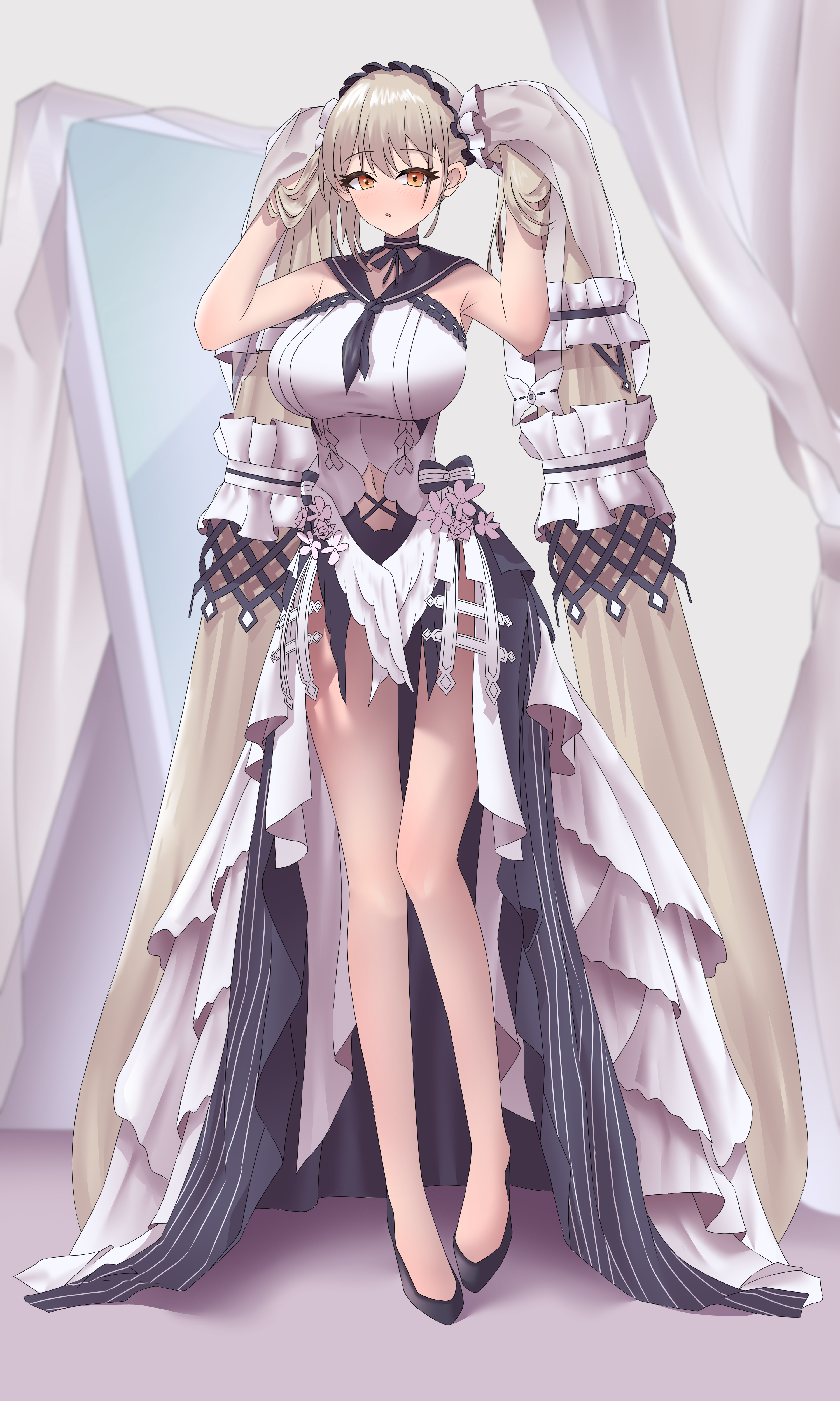 formidable (azur lane), formidable (timeless classics) (azur lane), azur lane, absurdres, highres, 1girl, absurdly long hair, black choker, black dress, black neckerchief, black sailor collar, black shoes, bow, breasts, choker, clothing cutout, dress, dress bow, dress flower, feather dress, flower, full body, grey hair, hands in own hair, large breasts, long hair, mintchocolove, navel cutout, neckerchief, official alternate costume, orange eyes, ribbon, sailor collar, shoes, sleeveless, sleeveless dress, solo, standing, twintails, two-tone dress, two-tone ribbon, very long hair, white dress