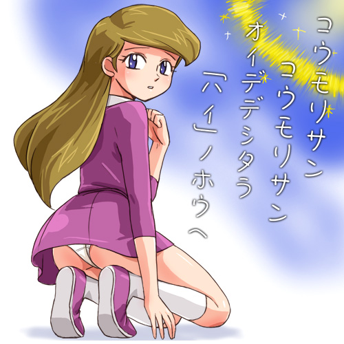 haruyama kazunori, marie (oogon bat), marie millet, oogon bat, ougon bat, lowres, translation request, 1960s (style), 1girl, ass, blue eyes, brown hair, female focus, oldschool, panties, pantyshot, retro artstyle, skirt, socks, solo, underwear, upskirt, white socks
