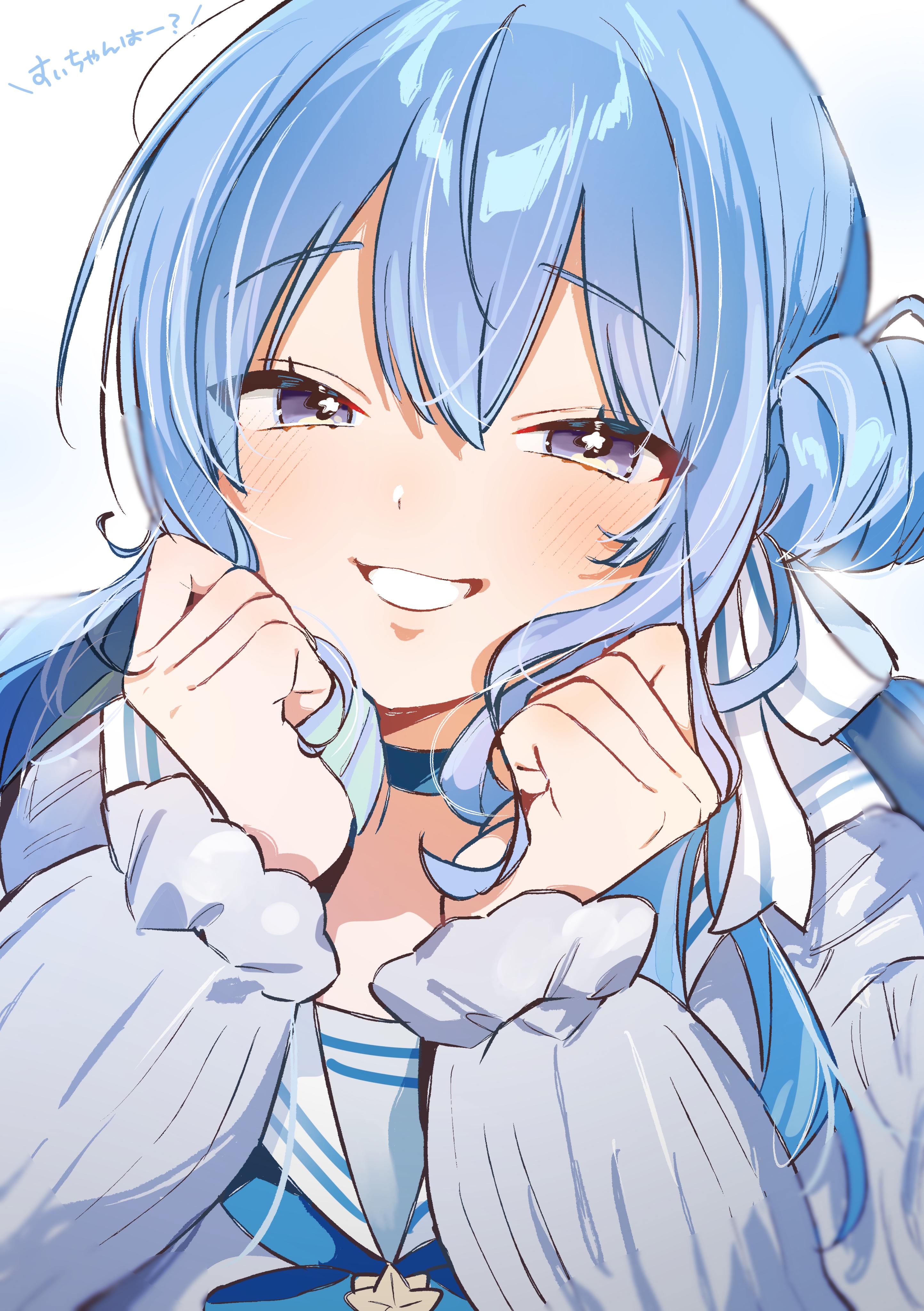 suicchonsuisui, hoshimachi suisei, hololive, absurdres, highres, translation request, 1girl, blue choker, blue hair, blush, choker, double-parted bangs, grey eyes, grey sweater, grin, hair between eyes, hair ribbon, hands up, long bangs, long hair, long sleeves, one side up, ribbon, sailor collar, simple background, smile, solo, sweater, upper body, virtual youtuber, white background, white ribbon, white sailor collar