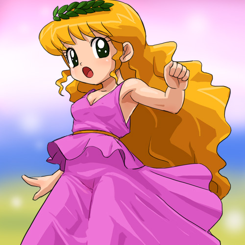 haruyama kazunori, pollon, ochamegami monogatari korokoro pollon, lowres, 1girl, blonde hair, blush, cameltoe, covered erect nipples, covered navel, dress, female focus, laurel crown, little pollon, long hair, looking at viewer, oekaki, olive leaf, open mouth, sidelocks, sleeveless, sleeveless dress, solo