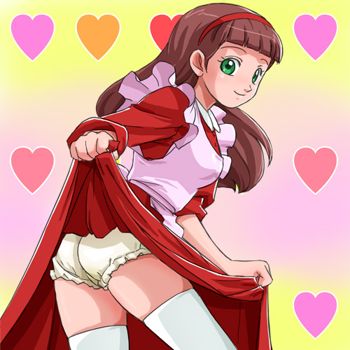 haruyama kazunori, dina (toppo jijo), yume miru toppo jijo, lowres, bloomers, clothes lift, dress, dress lift, hairband, skirt, skirt lift, solo, thighhighs, underwear, white bloomers